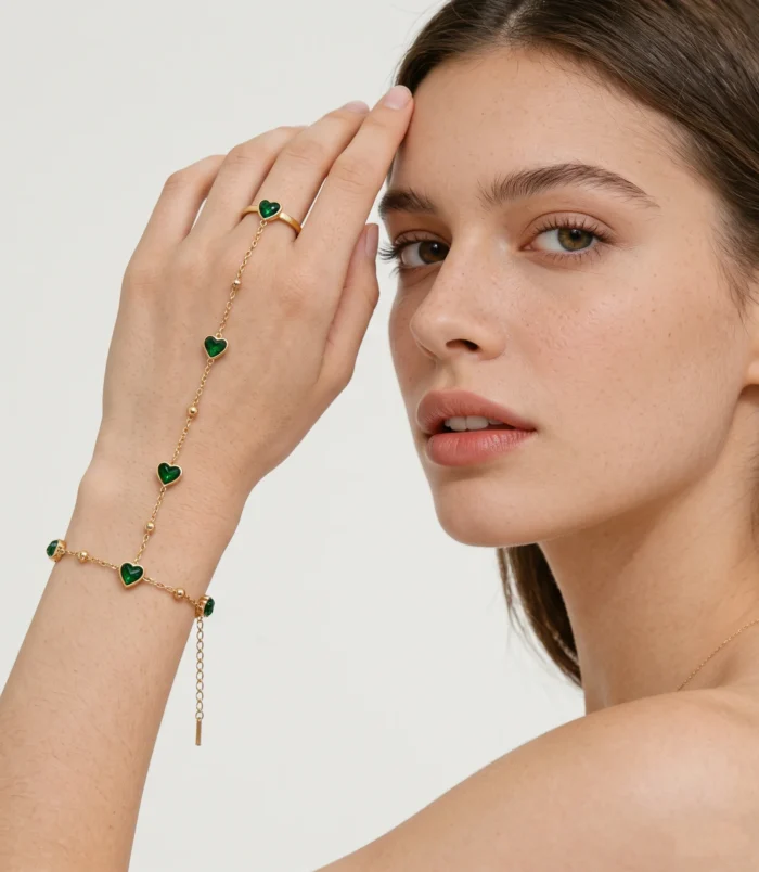 Elegant gold-plated heart finger bracelet worn gently on a model's hand