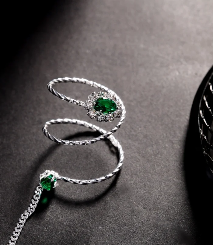 Gold & Silver Rhinestone Finger Bracelet for Women silver clear stone close-up detail.