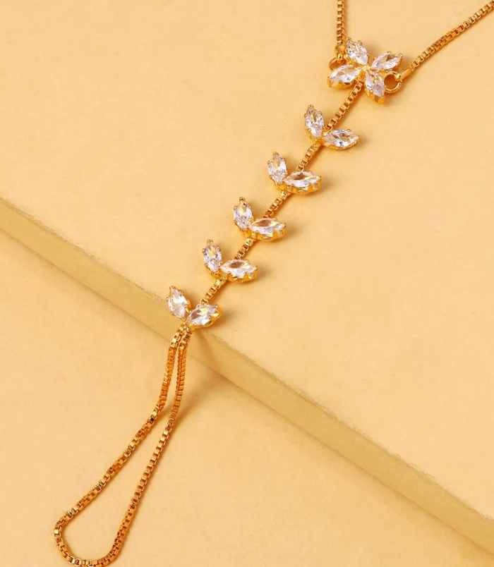 Gold & Silver Zircon Leaf Finger Bracelet for Women close-up view of the sparkling stones and links.