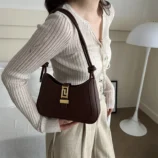 Minimalist PU Leather Baguette Bag for Women dark brown style.