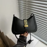 Minimalist PU Leather Baguette Bag for Women black front view