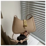 Minimalist PU Leather Baguette Bag for Women khaki color.