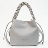 Elegant light blue woven handle bucket bag with stylish drawstring closure