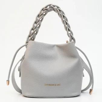 Elegant light blue woven handle bucket bag with stylish drawstring closure