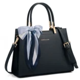 Multicolor PU leather Boston bag in black showcasing the front design and handles.