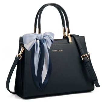 Multicolor PU leather Boston bag in black showcasing the front design and handles.
