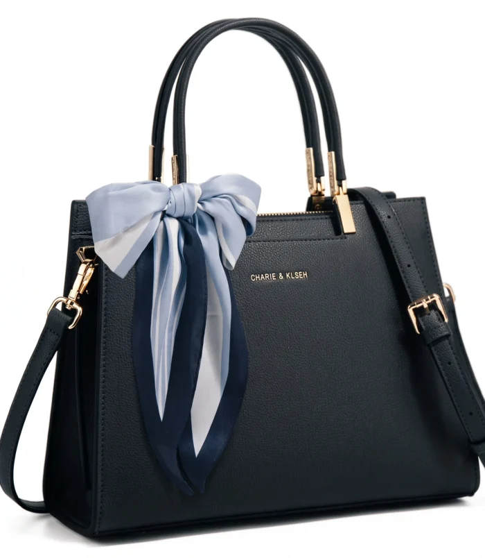 Multicolor PU leather Boston bag in black showcasing the front design and handles.