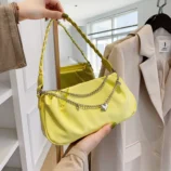 Pleated Chain Shoulder Bag for Women close-up view in vibrant yellow.