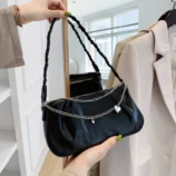 Pleated Chain Shoulder Bag for Women displayed in classic black colour.