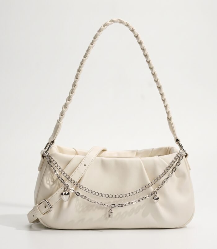 Pleated Chain Shoulder Bag for Women front view on isolated background.
