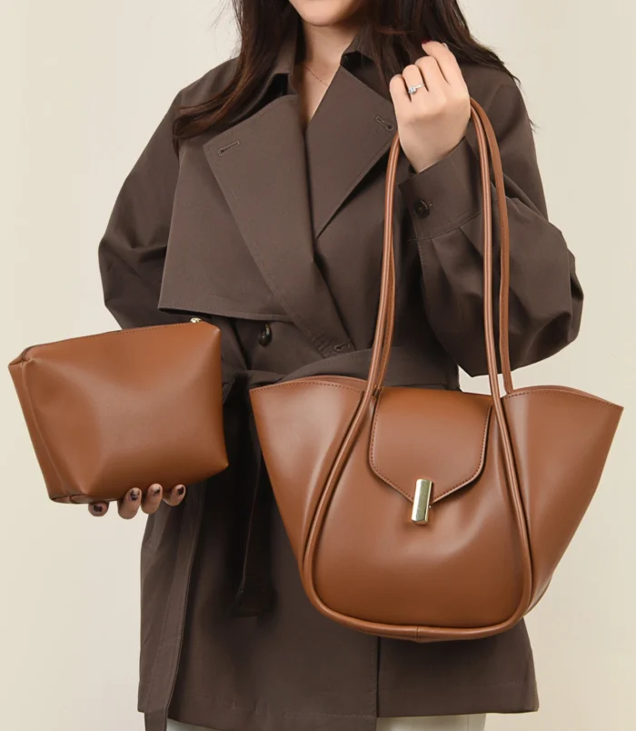 Classic PU Leather Bucket Bag for Women held by model