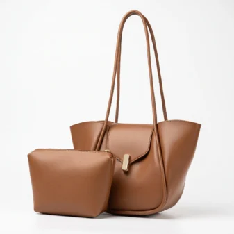 Beautiful brown PU leather bucket bag with matching pouch