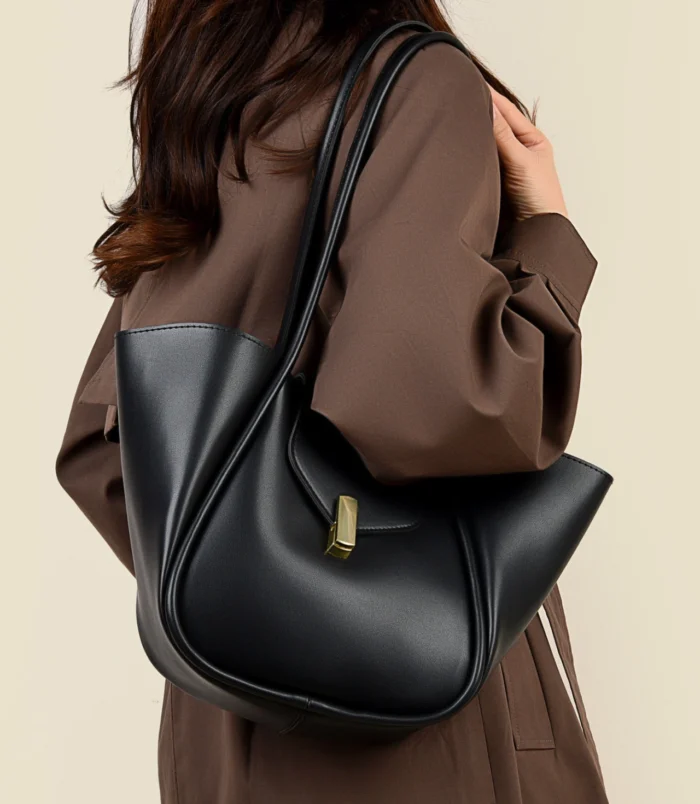 Classic PU Leather Bucket Bag for Women worn on shoulder