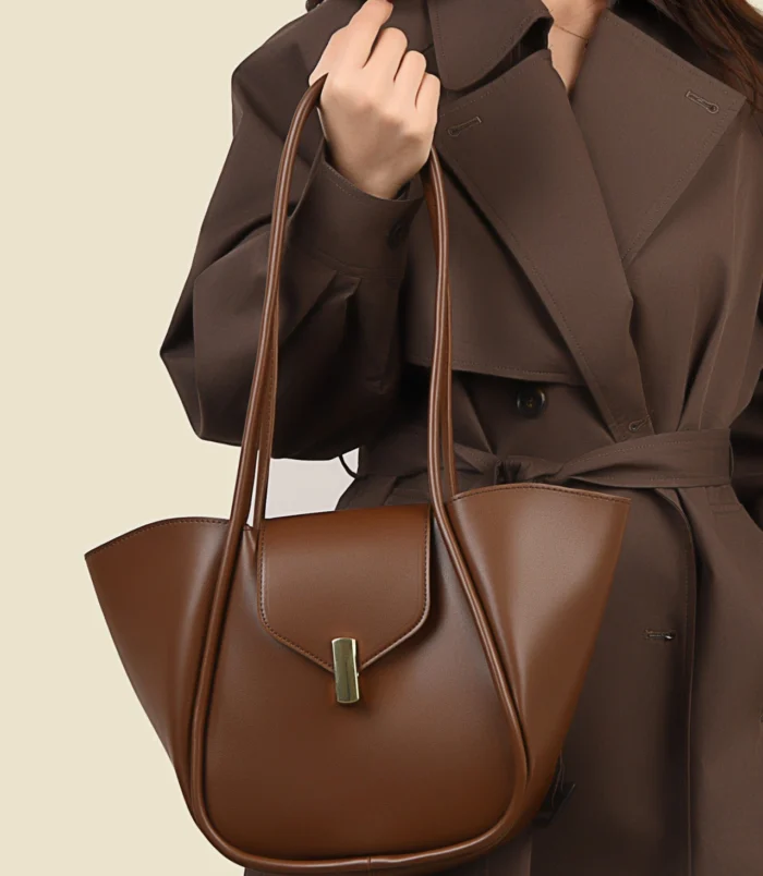 Classic PU Leather Bucket Bag for Women close-up held by straps