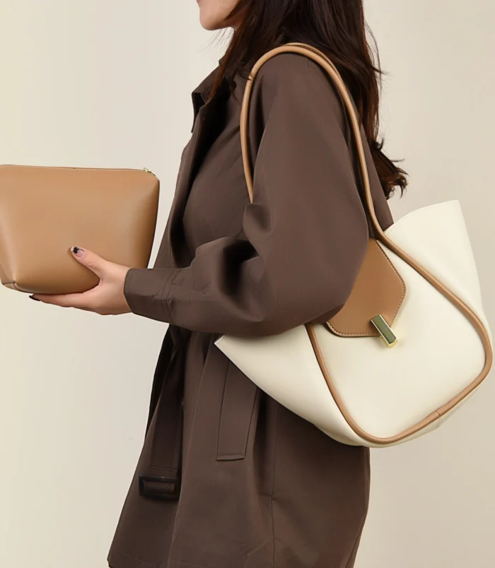 Classic PU Leather Bucket Bag for Women in two-tone apricot worn by model