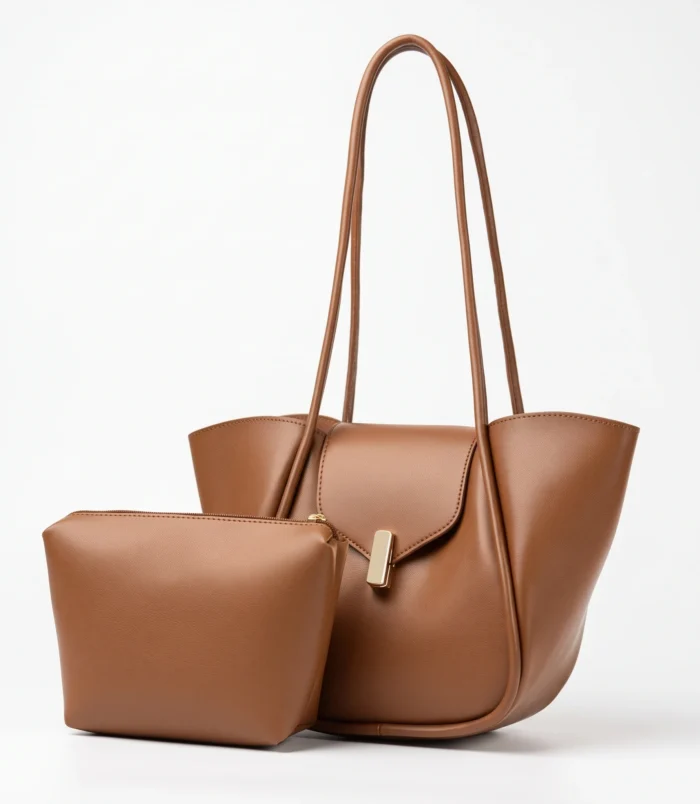 Beautiful brown PU leather bucket bag with matching pouch
