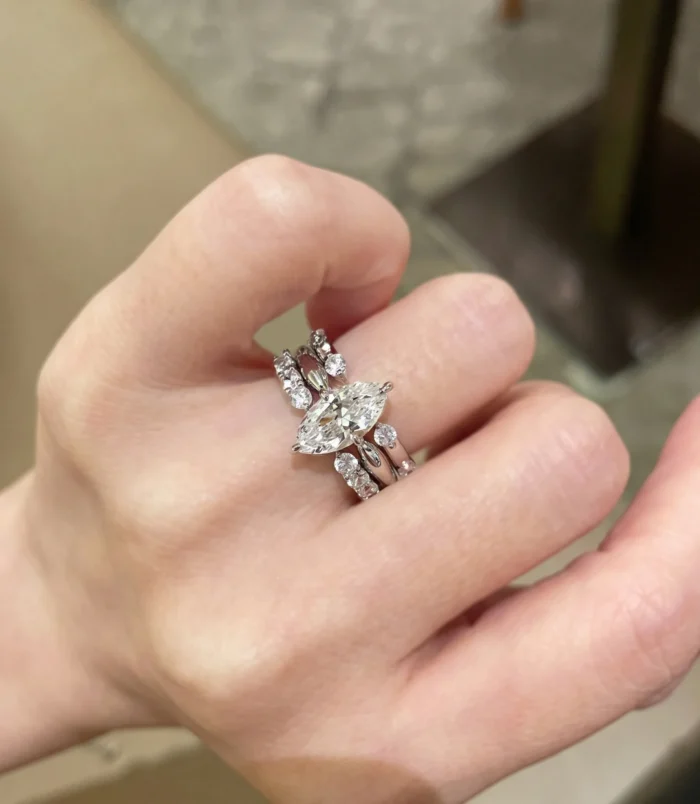 Silver stackable zircon open ring worn beautifully on hand