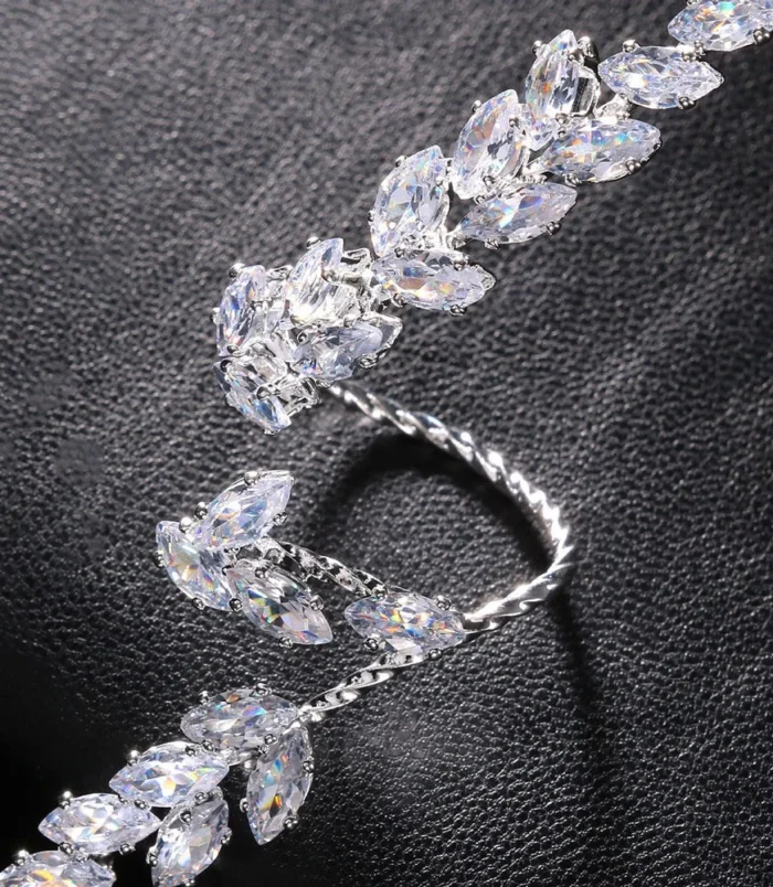 Silver Zircon Leaf Open Ring for Women close-up showing stone details