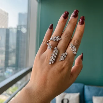 Silver Zircon Leaf Open Ring for Women worn elegantly on a hand