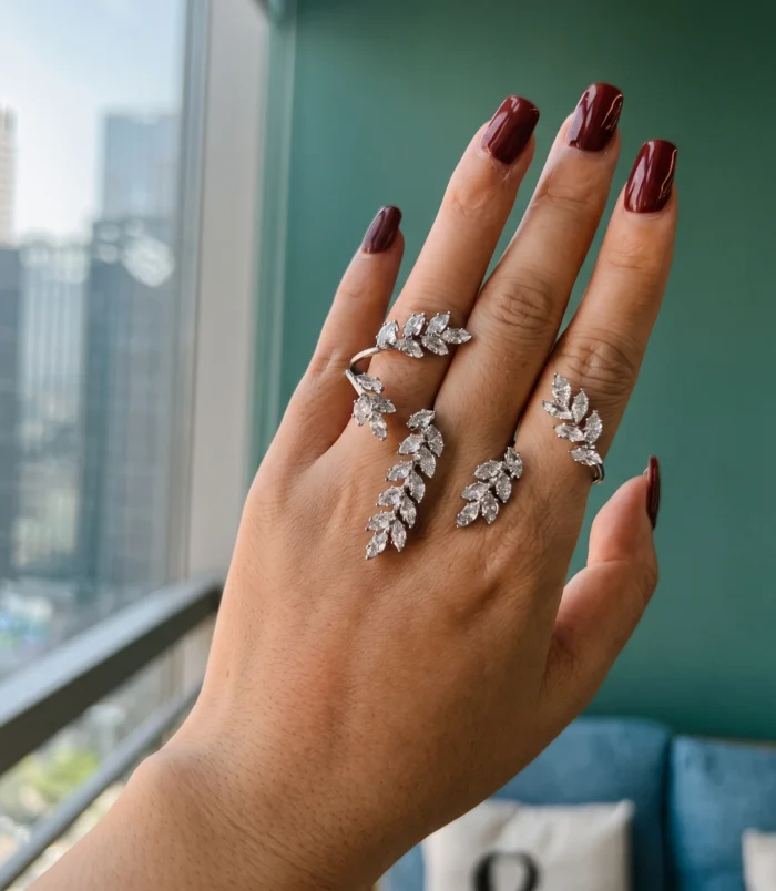 Silver Zircon Leaf Open Ring for Women worn elegantly on a hand