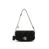 Elegant black textured PU shoulder bag with gold chain detail.