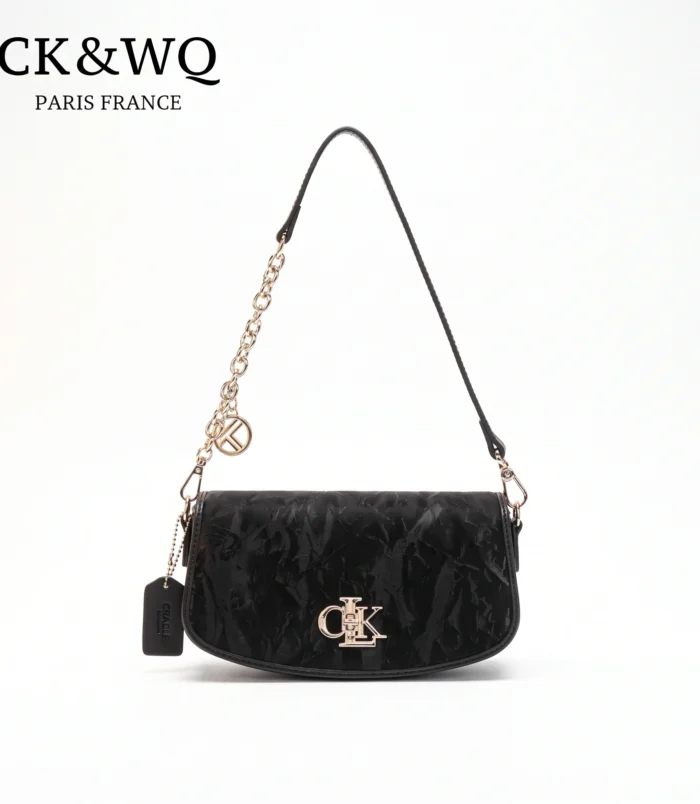Textured PU shoulder bag for women showing front view of the black variation