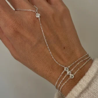Gold and Silver Three-Layer Finger Bracelet shown in silver worn elegantly on a hand.